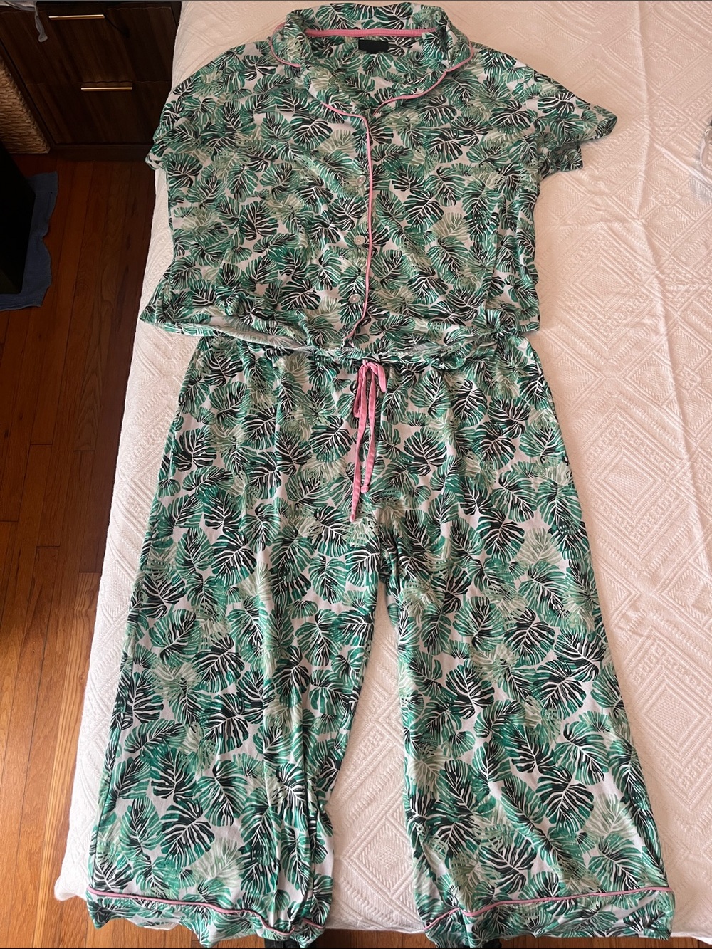 Tropical Leaf Green Pajama Set with Pink Trim